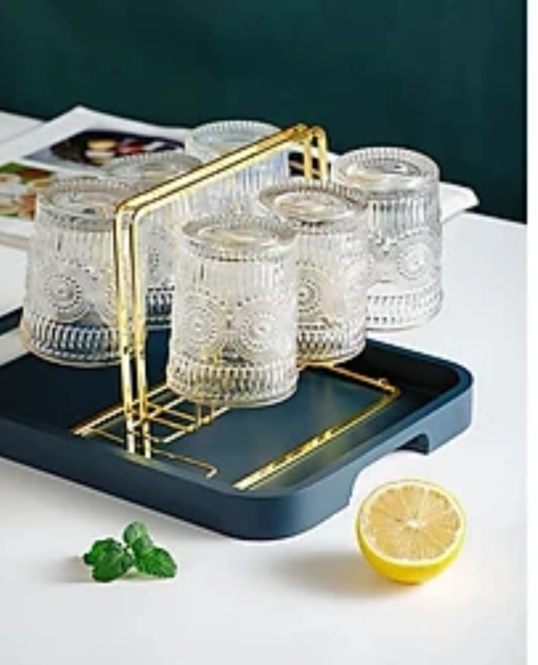 Bộ 6 cốc thủy tinh uống nước viền vàng hoa văn tròn nổi