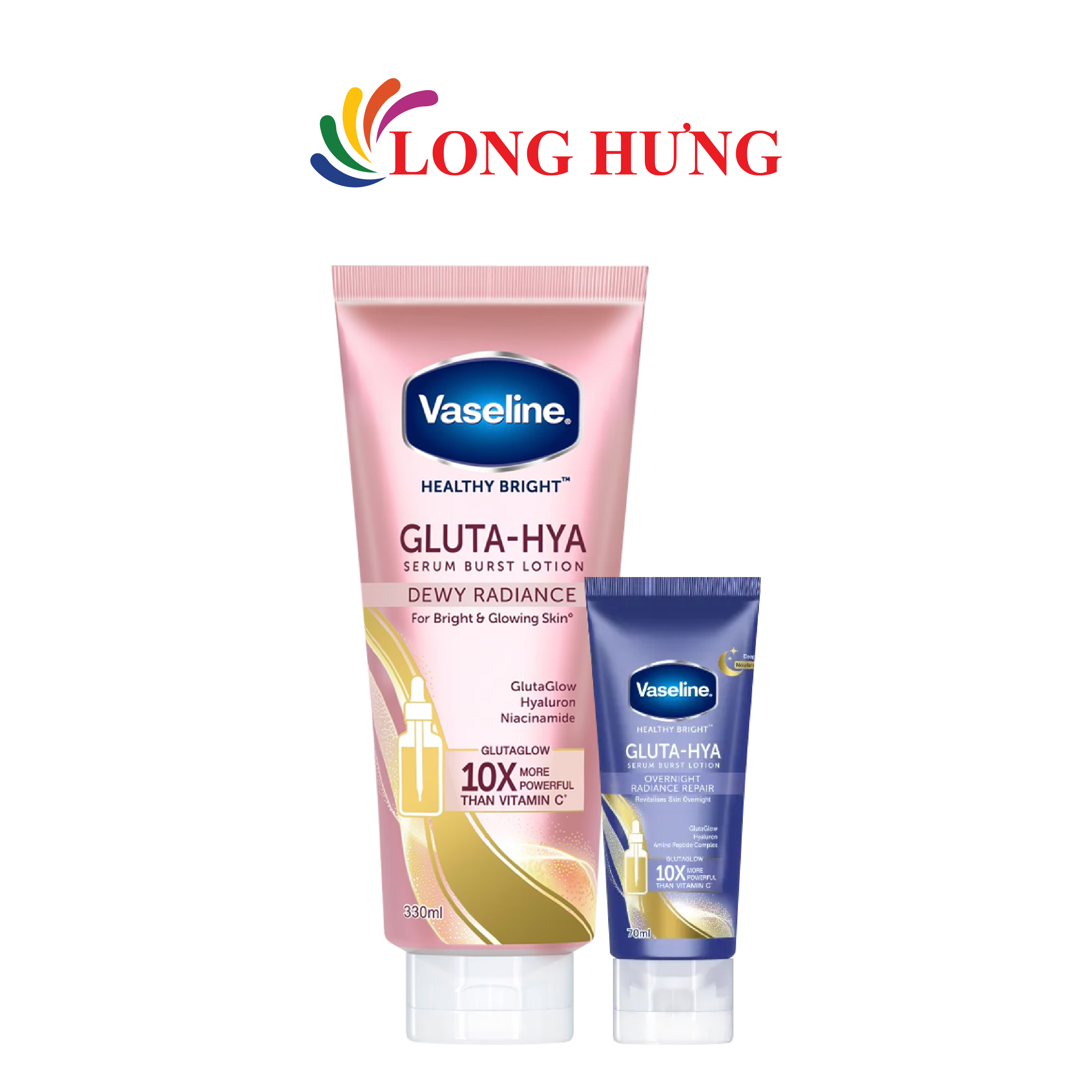 Combo Sữa dưỡng thể ban đêm Vaseline Gluta-Hya Serum Burst Lotion Dewy Radiance (330ml) + Sữa dưỡng thể ban đêm Vaseline Gluta-Hya 10X (70ml) - Hàng chính hãng
