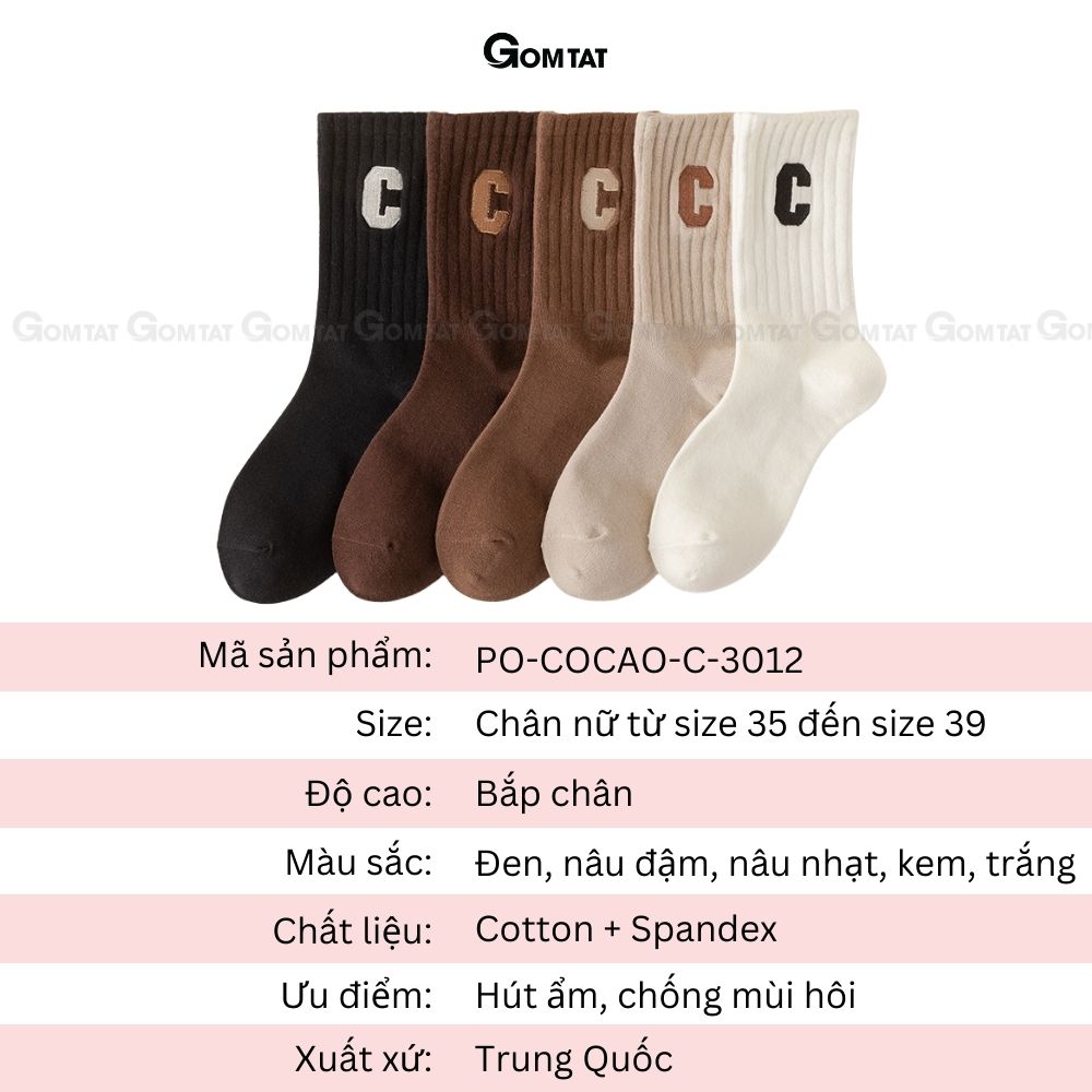 Tất vớ nữ cổ cao cao cấp GOMTAT mẫu chữ C, chất liệu cotton mềm mại, thấm hút, thoáng khí - PO-COCAO-C-3012-1DOI