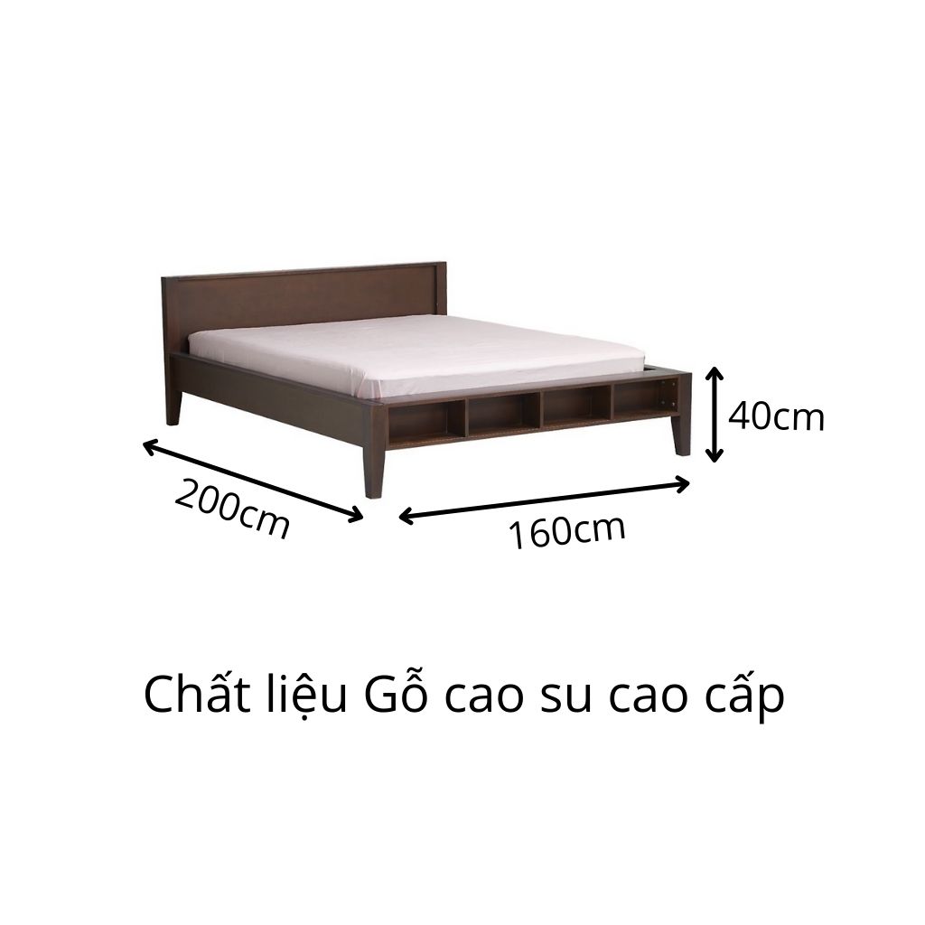 Giường Ngủ Đôi Phong Cách Cổ Điển BAYA KITKA Làm Từ Chất Liệu Gỗ Cao Su Bền Chắc, Chân Giường Được Trang Bị 4 Ngăn Chứa Để Sách Và Đồ Trang Trí