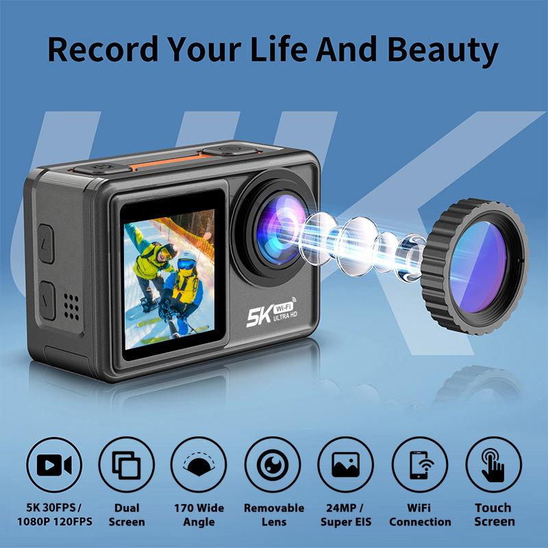 Camera hành động 5K 60fps EIS Video với ống kính bộ lọc tùy chọn 48MP ZOOM 1080P Webcam Vlog WiFi Camera hành động với điều khiển từ xa