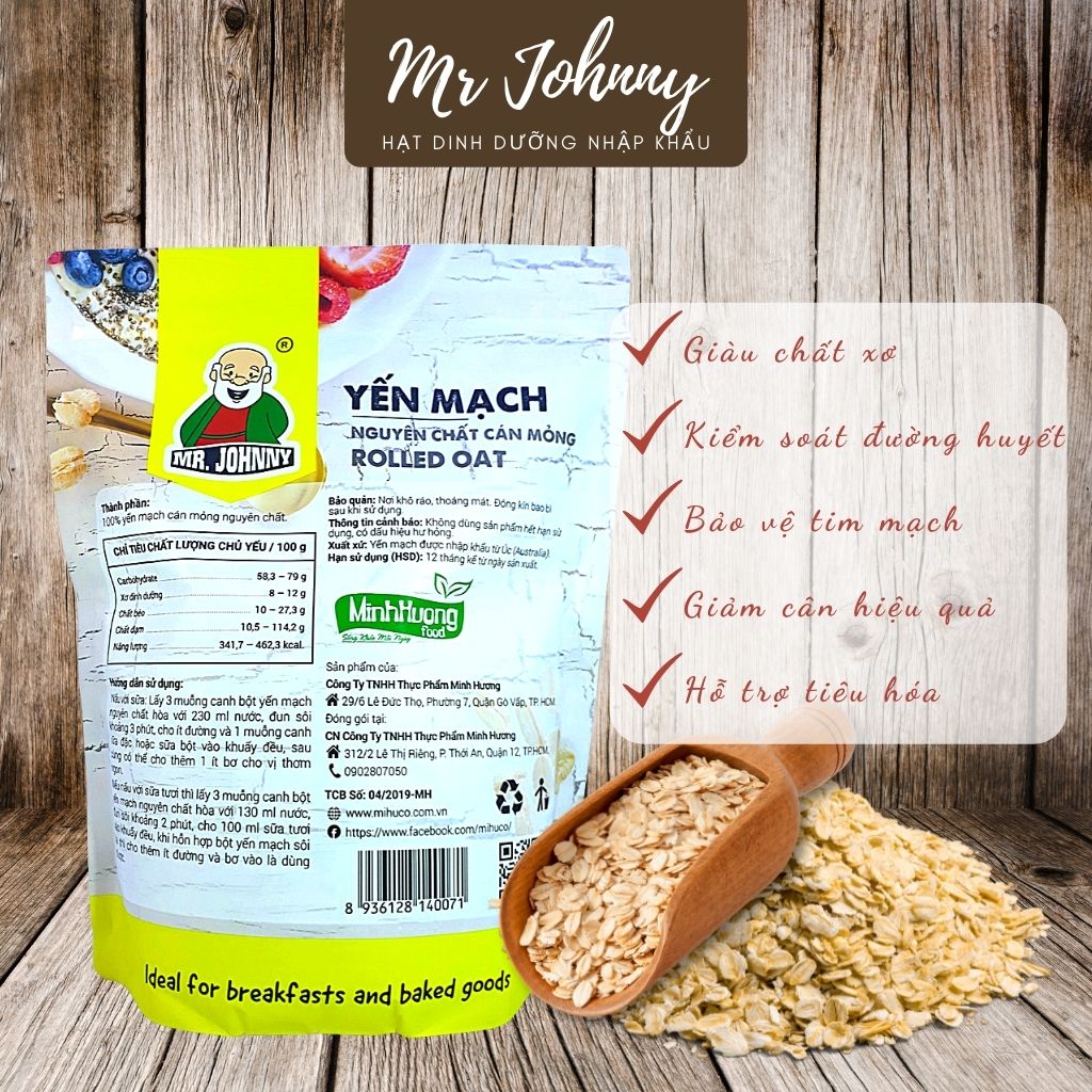 Combo 5 Bịch Yến Mạch Úc Tươi Mr Johnny 500g - Cho người ăn kiêng, giảm cân - Cán mỏng - Rolled Oat (Vàng)