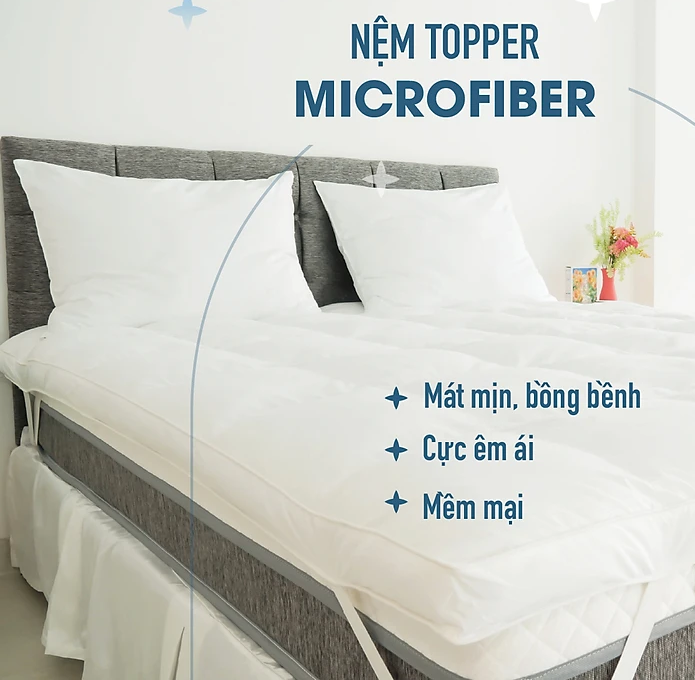 Topper khách sạn 5 sao – Nệm Topper bông Microfiber cao cấp – Tấm làm mềm nệm - Topper lông vũ nhân tạo