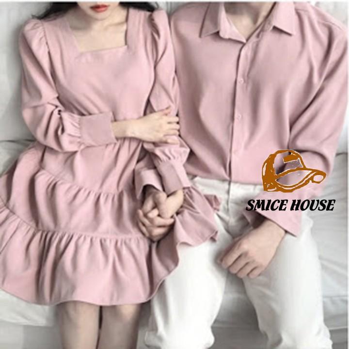 SET ÁO ĐÔI ĐẦM BABY DOLL VÀ ÁO SƠ MI, ĐỒ CẶP TÌNH NHÂN ĐI BIỂN CHỤP HÌNH CƯỚI MÀU HỒNG VÀ XANH ĐEN - SMICE HOUSE