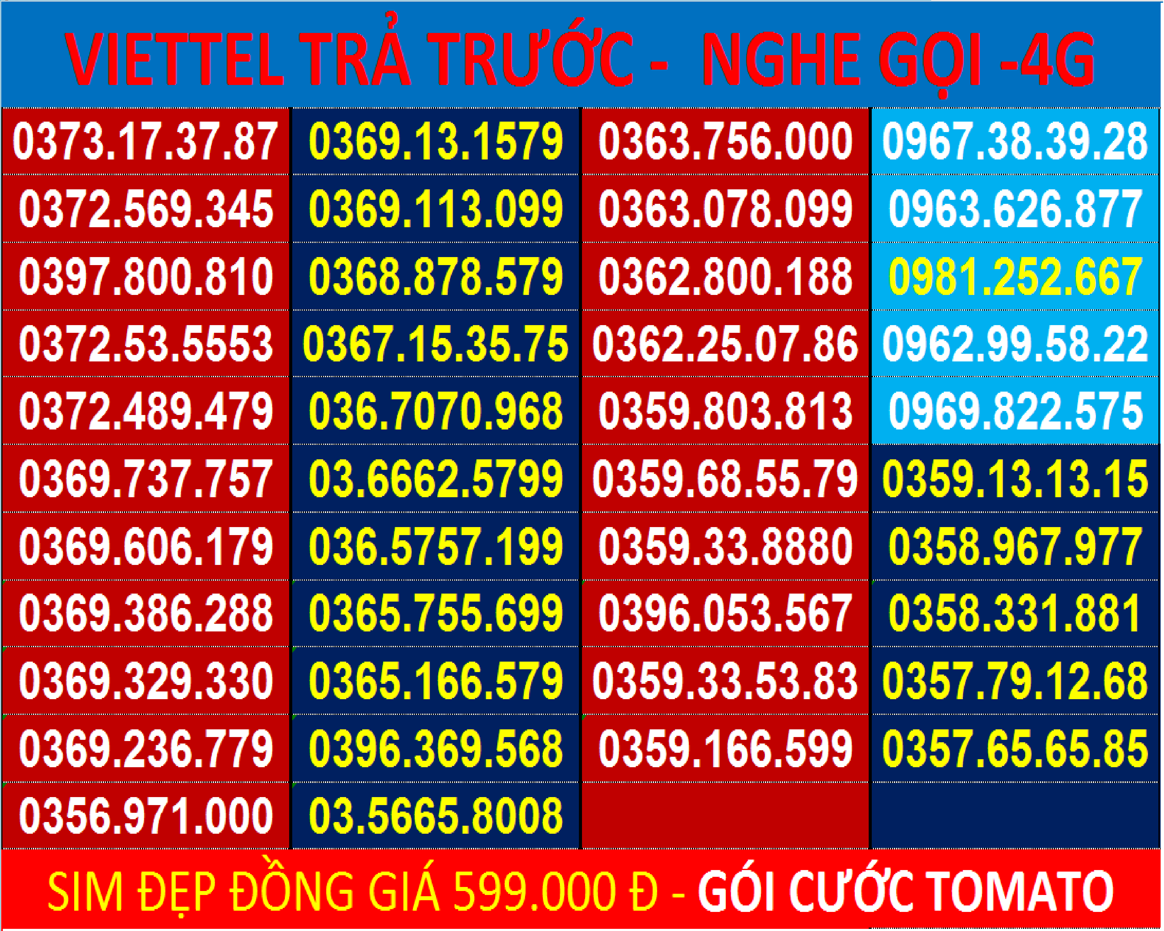 SIM đẹp 09 VIETTEL Trả trước - Đăng khí Chính chủ, Được chọn số - Gói cước Tomato - Nghe gọi - 4G - Hàng Chính Hãng