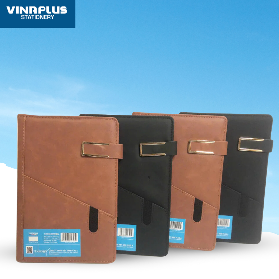 Sổ bìa da cao cấp B5 200 trang Vinaplus 20033 có khuy từ chữ U, ngăn để điện thoại