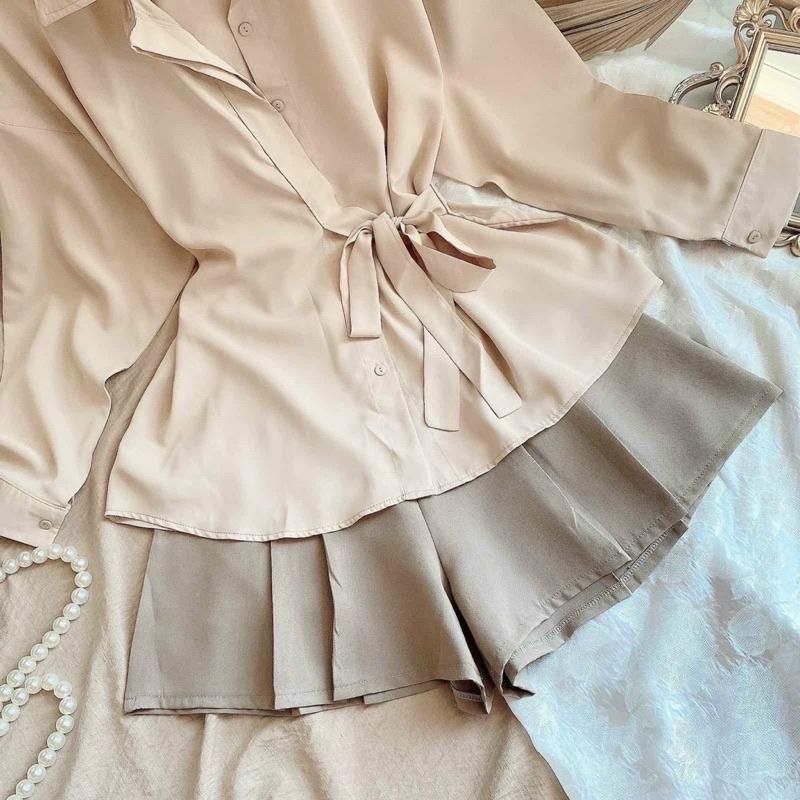 SET SƠ MI THẮT THẮT NƠ EO + CHÂN VÁY XẾP LY