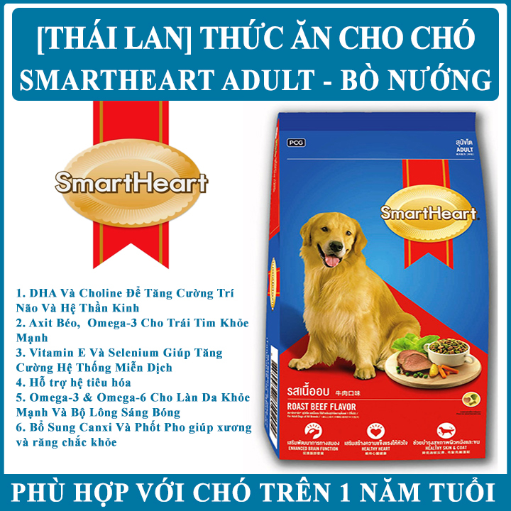 Thức ăn hạt khô Smartheart Adult vị Bò Nướng cung cấp đầy đủ dinh dưỡng dành cho chó trưởng thành