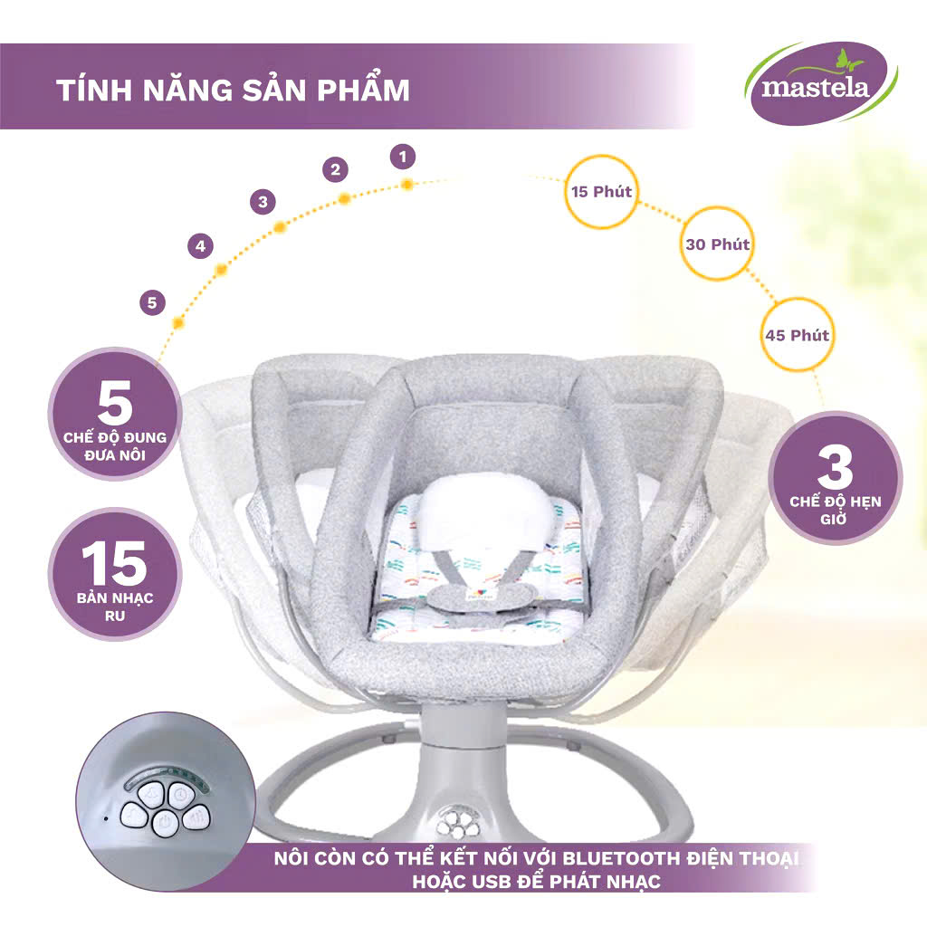 Nôi điện cho bé điều khiển từ xa 5 chế độ đung đưa tự động, kết nối Bluetooth phát nhạc trắng ru ngủ Mastela, hàng nhập khẩu