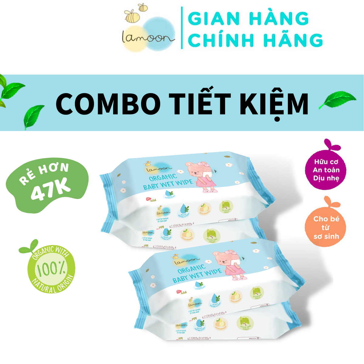 COMBO 4 Bịch Khăn Ướt Organic An Toàn Cho Mẹ Bầu Và Bé Từ Sơ Sinh Lamoon