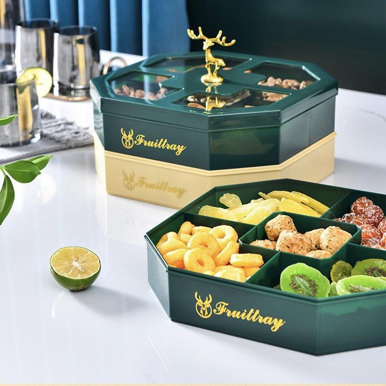 Khay mứt 3 tầng tay cầm hình con hươu sang trọng màu xanh ngọc