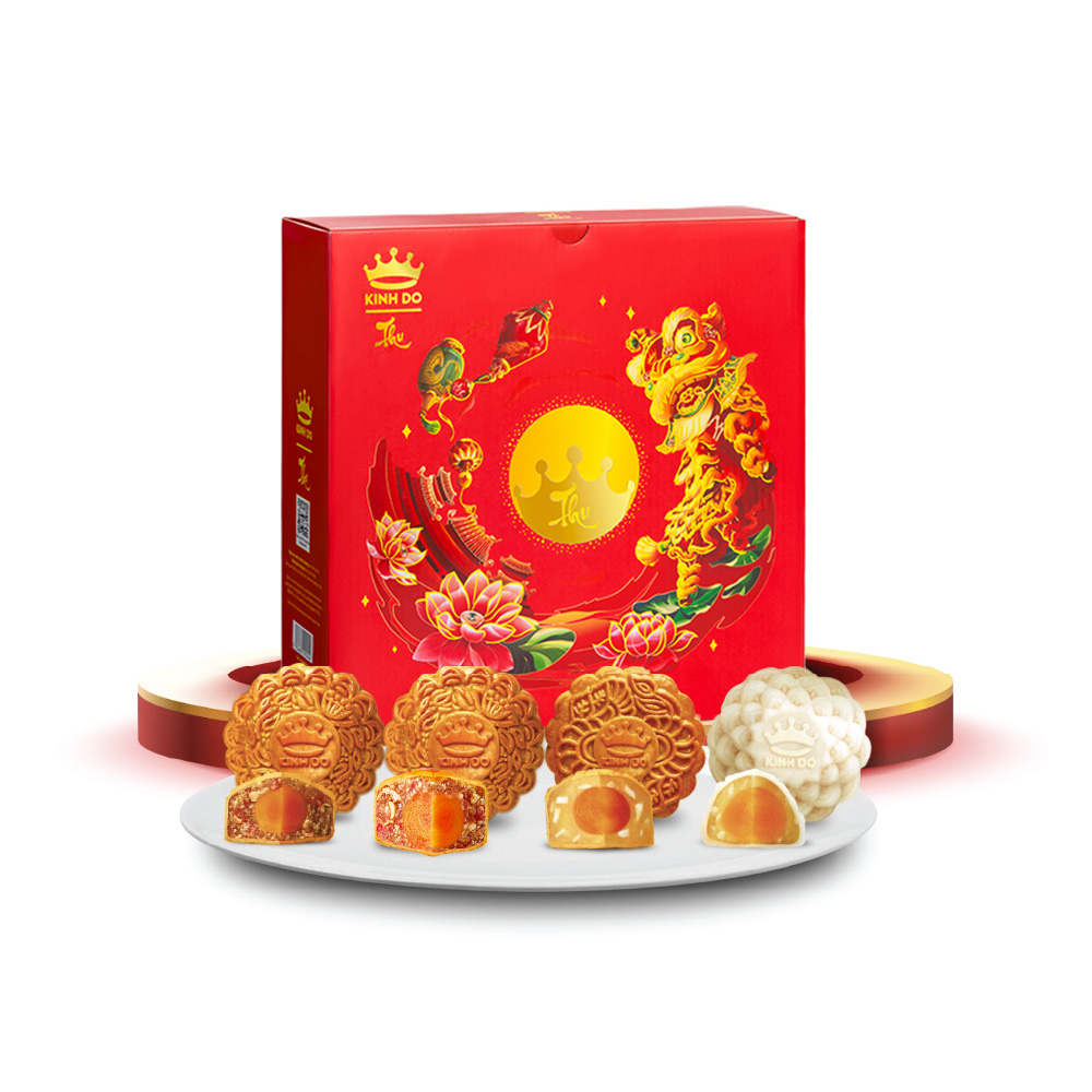 Tặng lồng đèn giấy - Hộp 4 bánh trung thu Kinh Đô &quot;Nướng Dẻo Mặn Ngọt&quot; (3 bánh x 210g + 1 bánh x 230g)
