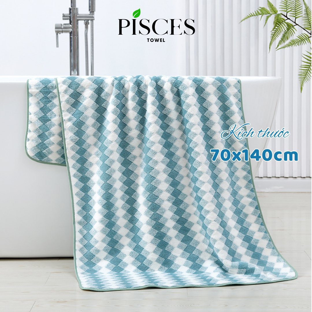 Khăn Tắm PISCES TOWEL 70x140cm Caro Cotton Mềm Mại, Khăn Spa Yoga Gym Thể Thao Thấm Hút Mồ Hôi - Xanh ngọc, Xanh ngọc
