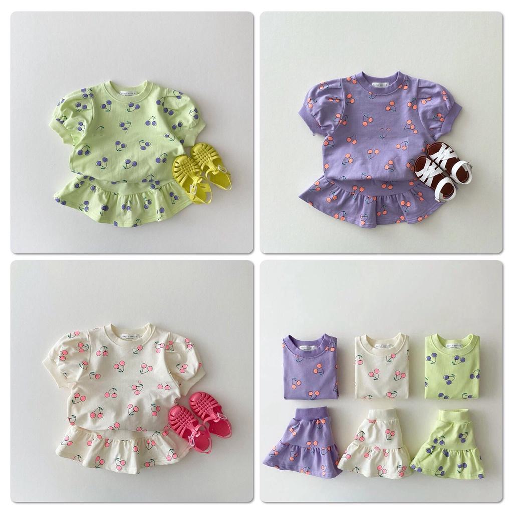 SET Áo Thun Tay Bồng + Chân Váy Tầng In Hình Trái Cherry Cho Bé Gái, Màu 100% Cotton, Size Từ 8-25Kg