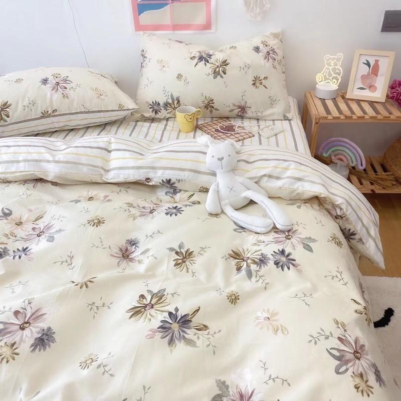Set Ga Gối Cotton Living 100%cotton Hàng Nhập Khẩu Cao Cấp 4 Món Hoa Trắng Vintage