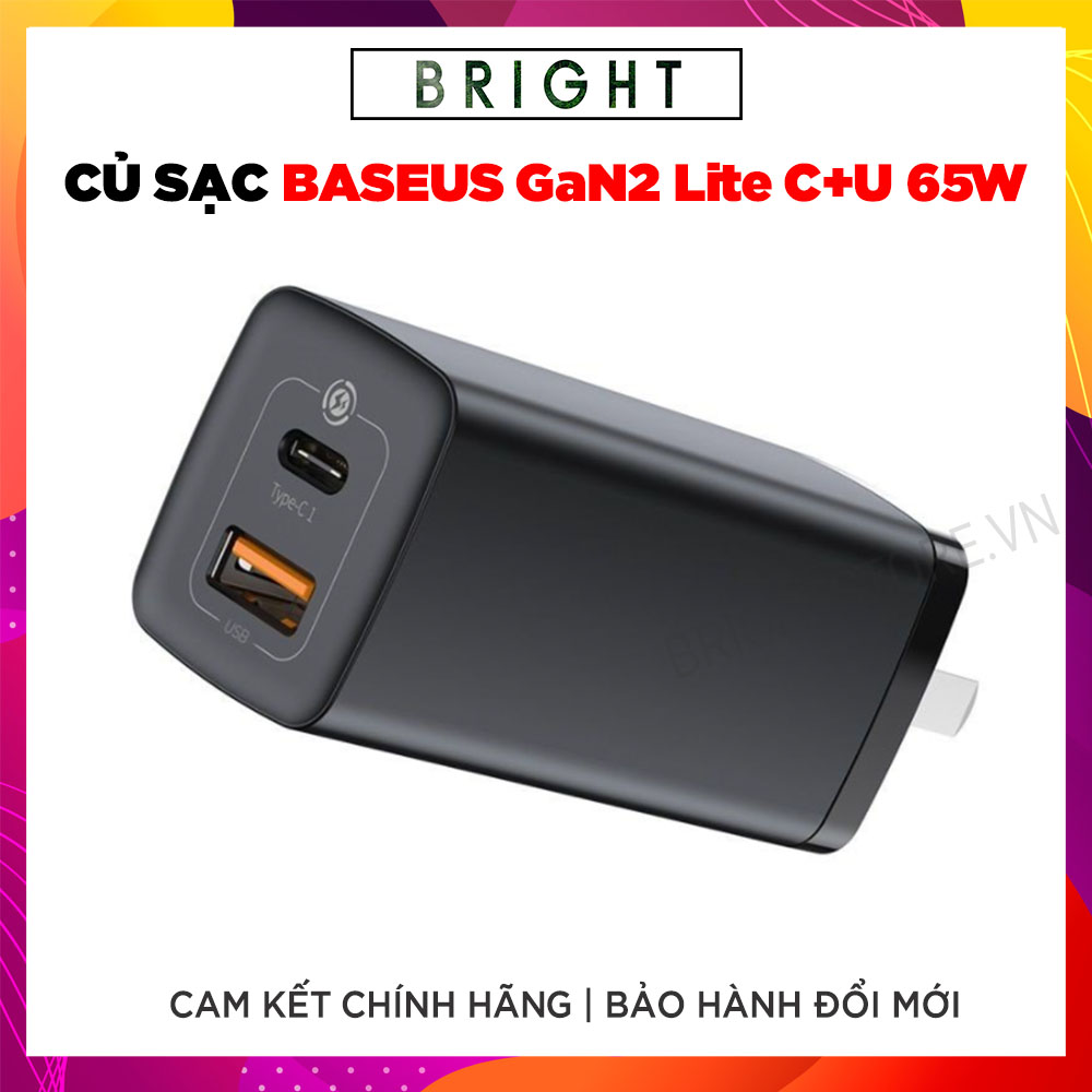 Củ Sạc Siêu Nhanh, Nhỏ Gọn Baseus GaN2 Lite Quick Charger 65W ( Type-C + USB Port) - Hàng Chính Hãng