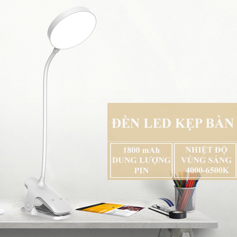 Đèn Bàn Học Đọc Sách Làm Việc LED Kẹp Bàn Chống Cận Bảo Vệ Mắt – Cảm Ứng Tích Hợp Pin 1800mAh - Vùng Sáng 4000-6500K