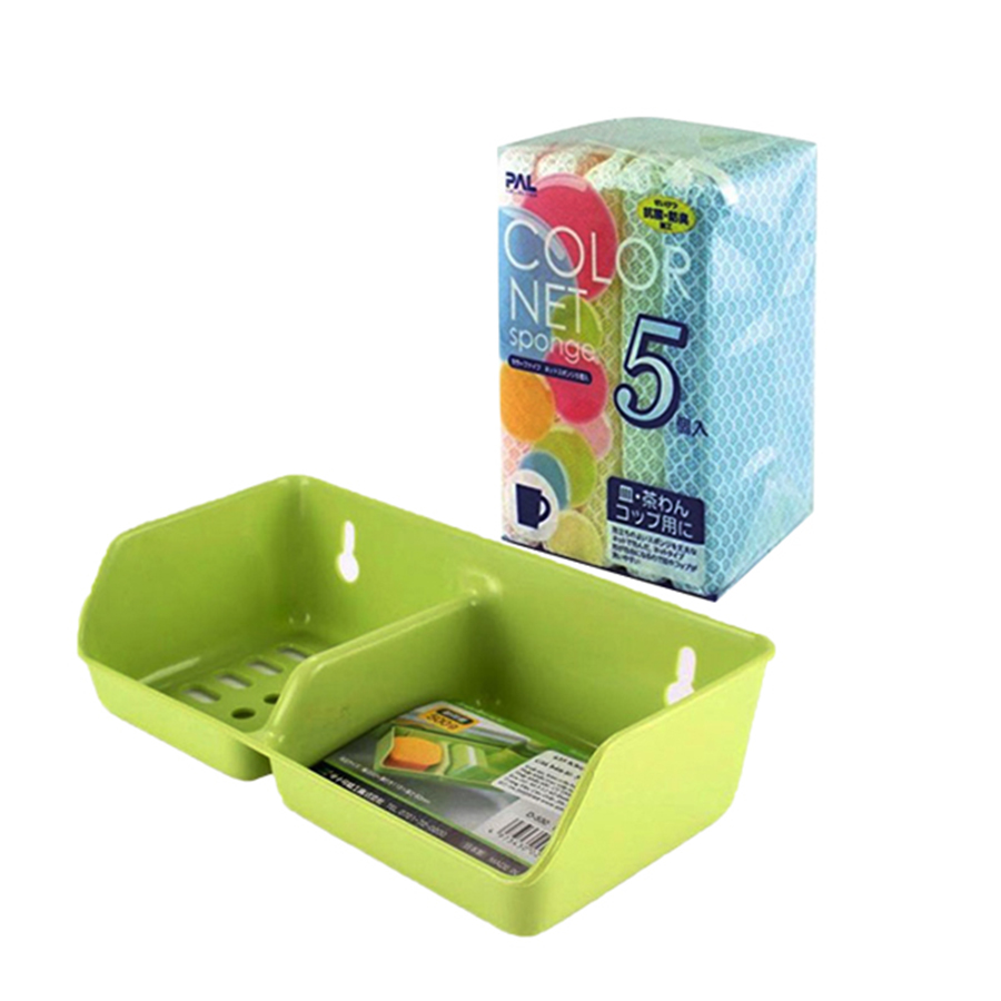 Combo Giá Để Nước Rửa Bát 2 Ngăn + Set 5 miếng xốp rửa bát bọc lưới nội địa Nhật Bản