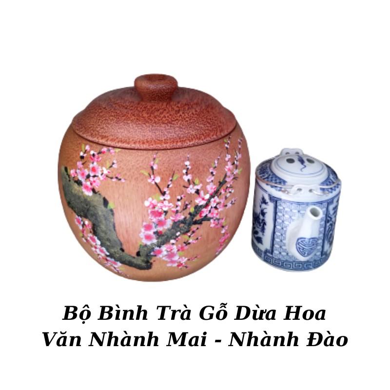 Vỏ Bình Trà Bằng Gỗ Dừa Nguyên Khối Không Chân Gọn Đẹp Trọng Hoa Văn &quot;Mai - Đào&quot; - Bình Trà 700 - 1200ml