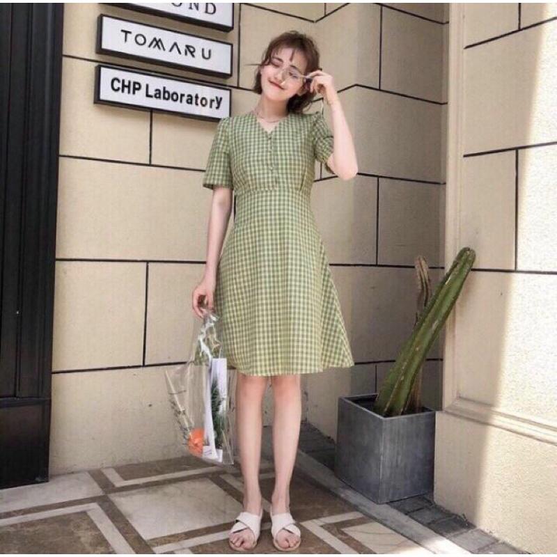 Đầm caro xoè nút bọc freesize có ảnh thật