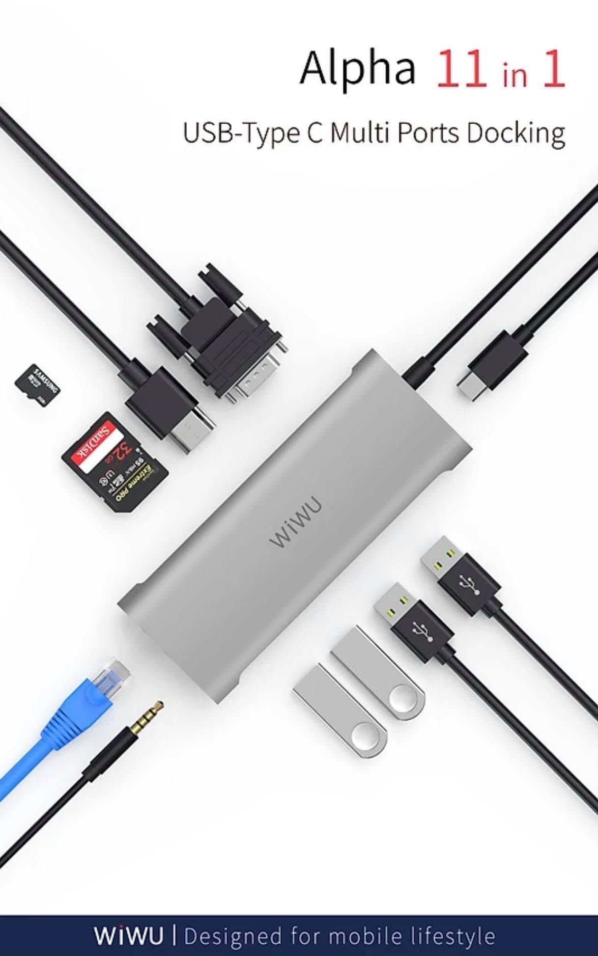 Hub Chuyển Đa Năng WIWU Alpha 11 In 1 USB-C A11 Đầu Ra HDMI 4K, Hỗ Trợ Sạc PD - Hàng Chính Hãng