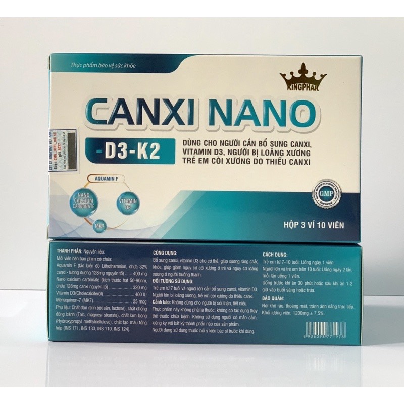 Viên uống calci hữu cơ Kingphar Canxi Nano D3 - K2, hộp 30v