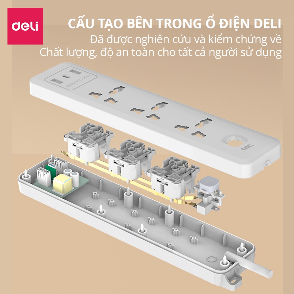 Ổ Cắm Điện Mẫu Mới 2025 Deli Ổ ĐIện Đa Năng Chống Cháy Nổ 2500W Cổng Sạc USB/ TypeC Thông Minh