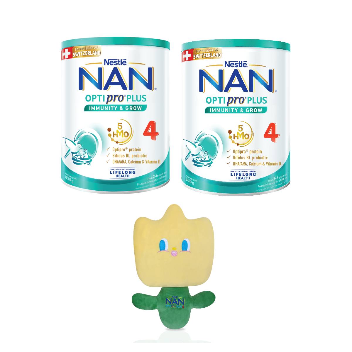 Bộ 2 Lon sữa bột Nestlé NAN OPTIPRO PLUS 4 850g/lon với 5HMO Giúp tiêu hóa tốt + Tăng cường đề kháng Tặng Gấu bông cho bé (2 - 6 tuổi)