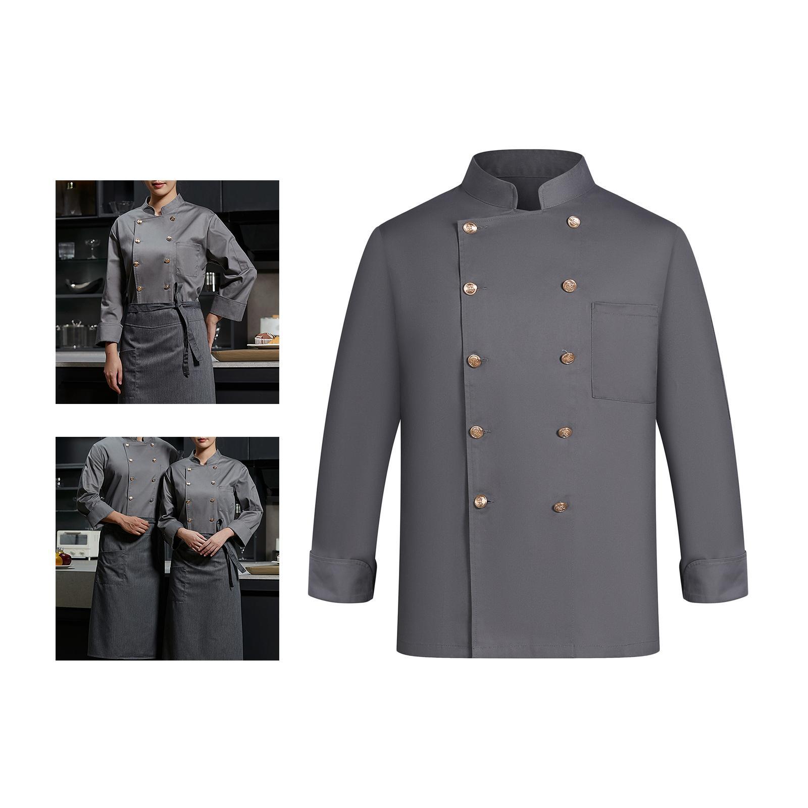 Chef Jacket, Comfortable Overalls Gray Stand up Outline Men Folded Cuffs Wear Resistant Chef Coat for Kitchen Hotel Restaurant