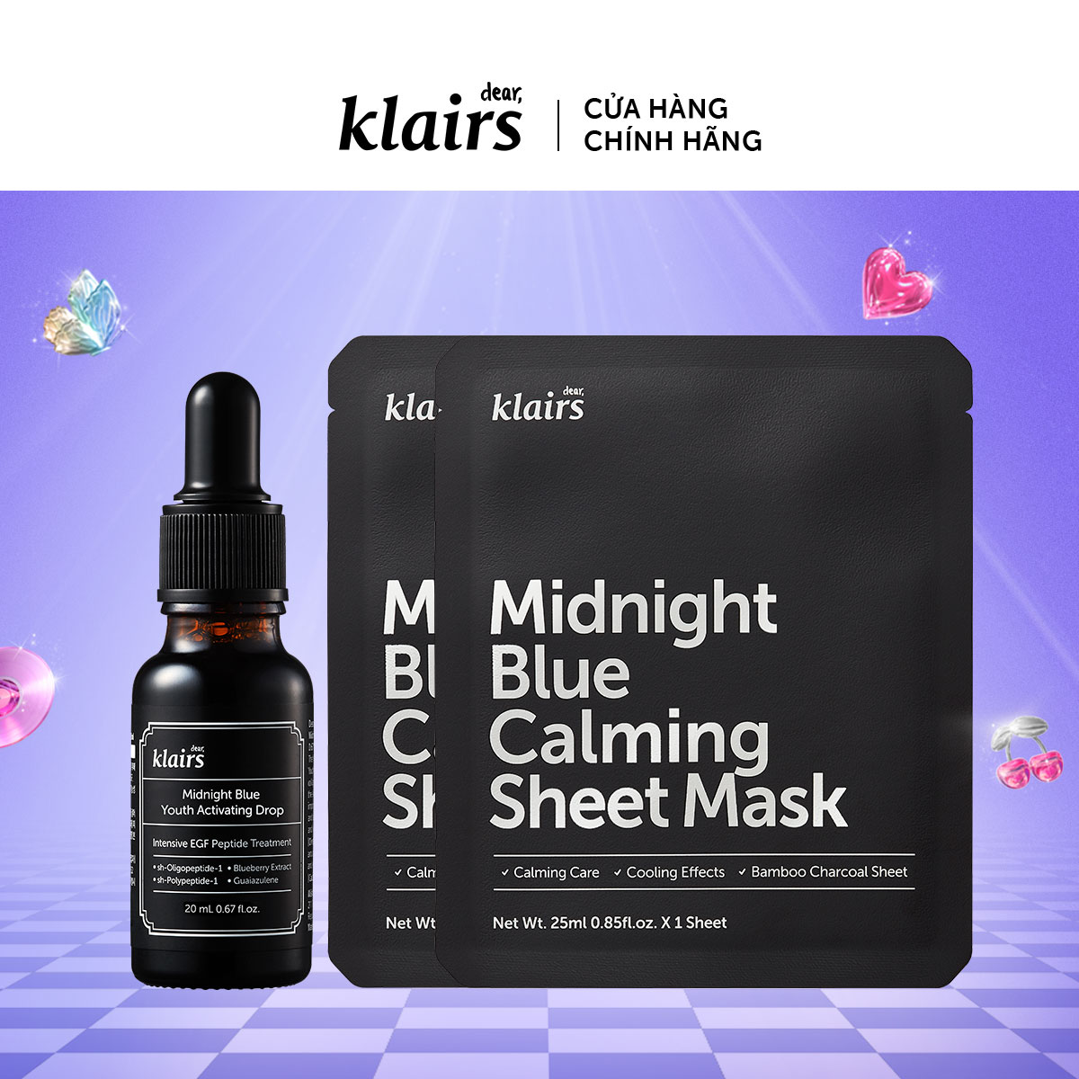 Combo Tinh chất dưỡng da Dear Klairs Midnight Blue Youth Activating Drop 20ml+ 2 Dear, Klairs Mặt nạ giấy Midnight Blue Calming Sheet Mask 25ml 