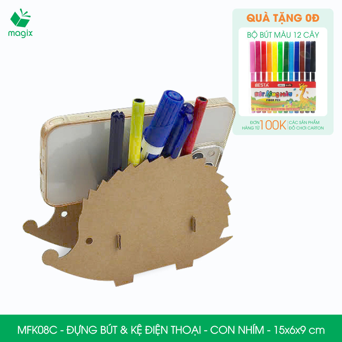 MFK08C - Đựng bút &amp; kệ điện thoại bằng giấy carton - Hộp bút kiểu dáng Con nhím - 15x6x9 cm