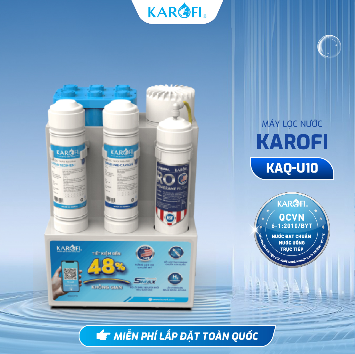 Máy lọc nước để gầm 10 lõi Karofi KAQ-U10 -  Màng RO Mỹ - Bảo hành 36 tháng
