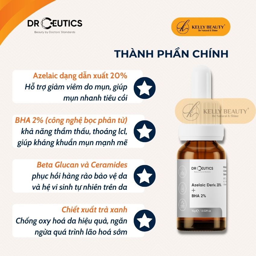 Serum Mụn AZE DrCeutics - Giảm Mụn Mờ Thâm; Tăng Đề Kháng, Sạch LCL, Mềm Mịn Da - Azelaic Deriv 20% + BHA 2% | Kelly Beauty