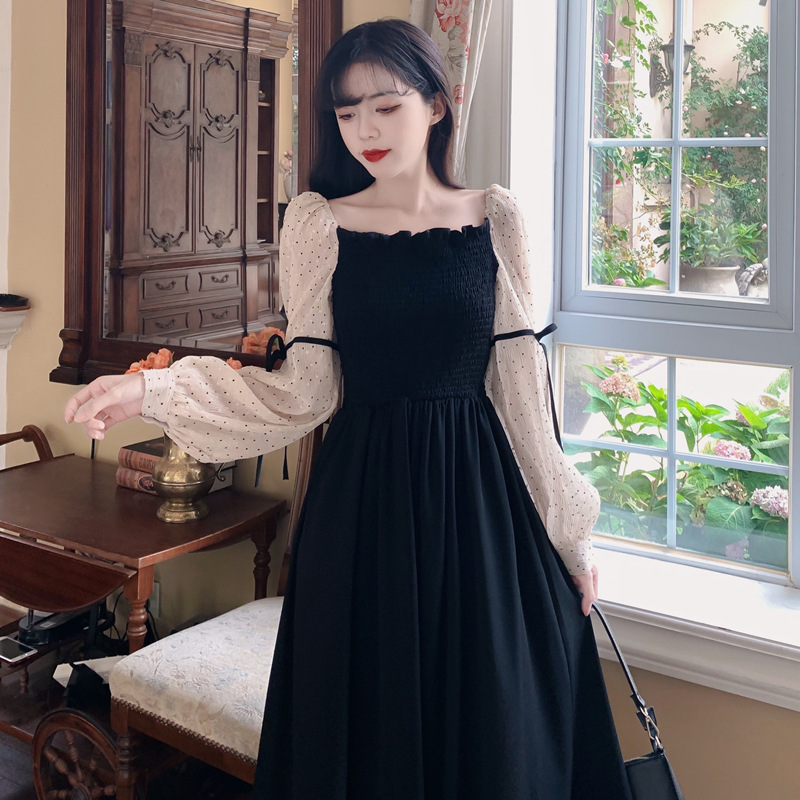 Đầm Nữ Dịu Dàng Cổ vuông xếp ly nhỏ thanh lịch đầm đen cao cấp màu trà nâu siêu cổ tích lưới khâu đầm ngọt ngào Sica19