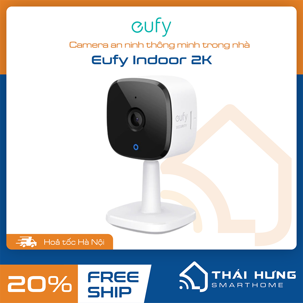 Camera an ninh thông minh Eufy Indoor 2K, tích hợp còi báo động, tương thích Google, Alexa, Homekit, hàng chính hãng phân phối