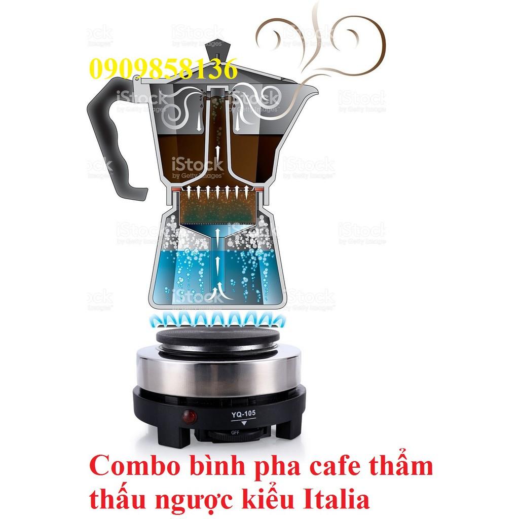 COMBO BÌNH PHA CÀ PHÊ KIỂU Ý 300ml NHÔM Ấm pha cafe kiểu Italia moka pot express 300 ml 6 tách cafe TẶNG kèm bếp điện