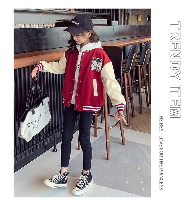 Áo Bomber bé gái size đại 5-14 tuổi thêu đáp số 23. Áo khoác cho bé xuất Hàn cao cấp khỏe khoắn thời trang