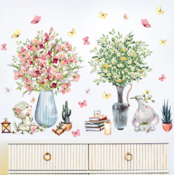 Decal trang trí tường - Chú voi và chú mèo cùng 2 bình hoa xinh