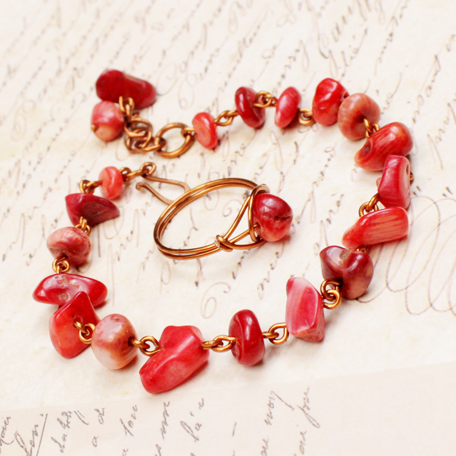 Bộ vòng nhẫn đá san hô đỏ đồng uốn thời trang cho nữ BVTD0003