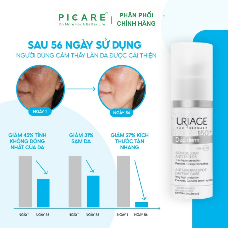 Uriage Depiderm SPF50 Soin De Jour Anti-Taches: Kem Trắng Da, Chống Nắng Ban Ngày 30ml
