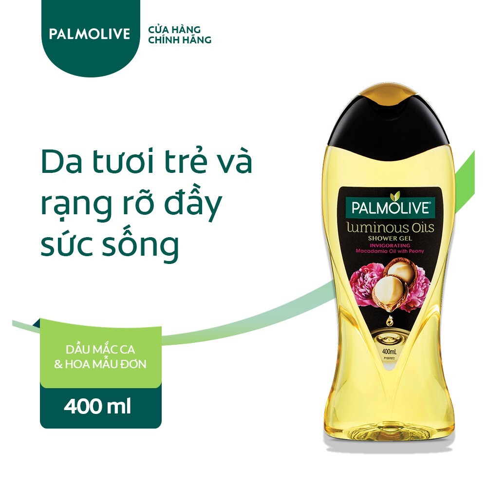 Sữa tắm dưỡng ẩm Palmolive Luminous tinh dầu thiên nhiên từ hạt Mắc ca và hoa mẫu đơn 400ml