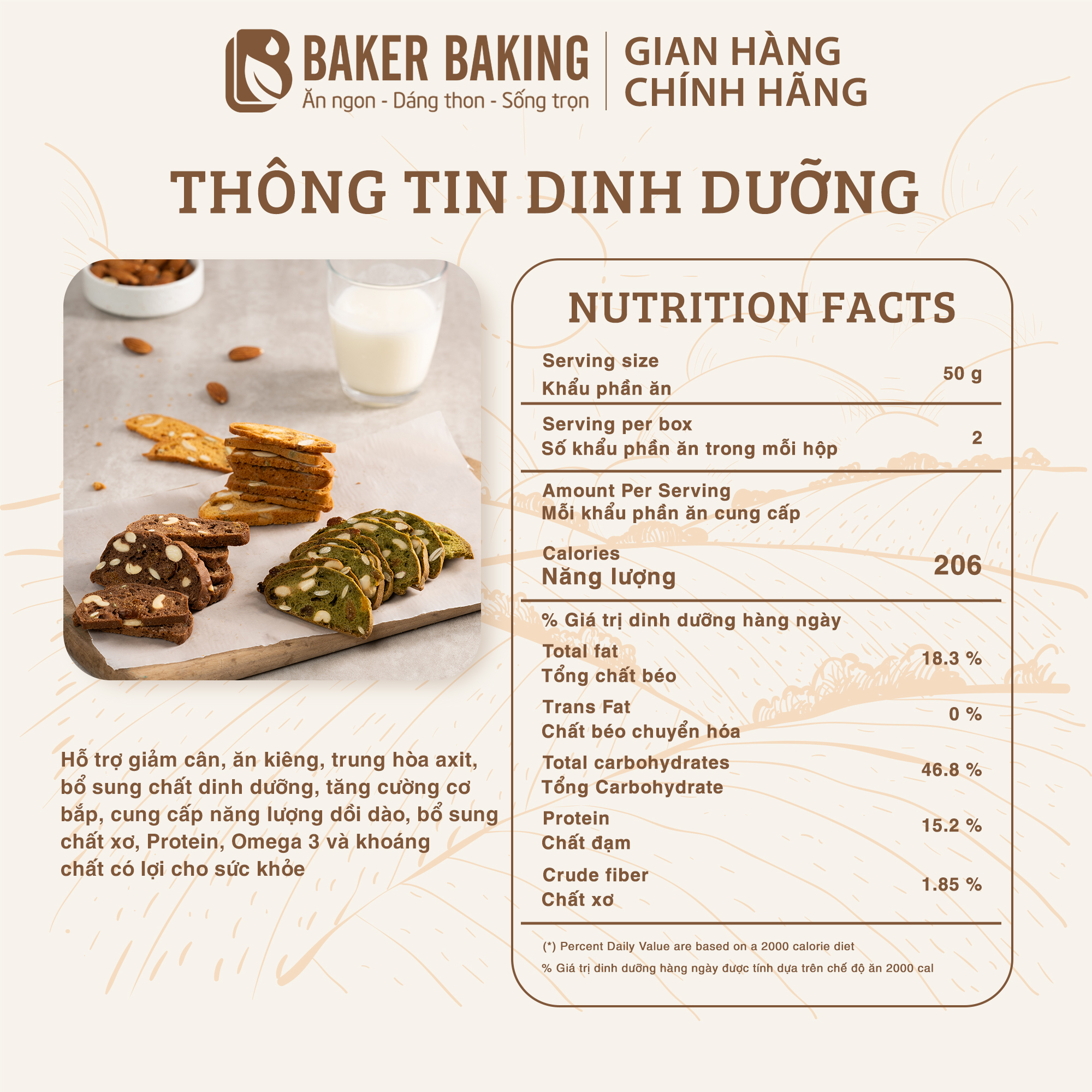 Bánh biscotti ăn kiêng Baker Baking nguyên cám mix hỗ trợ giảm cân dành cho người tiểu đường, eatclean 100g
