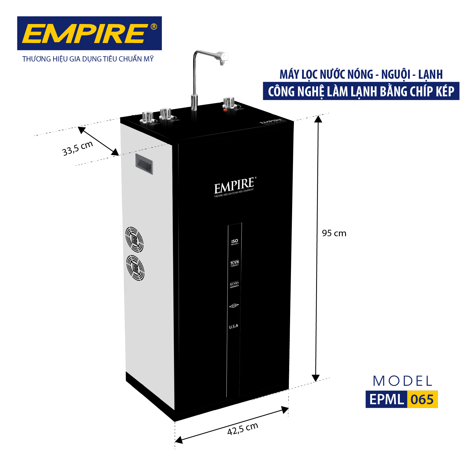 MÁY LỌC NƯỚC EMPIRE NÓNG -LẠNH-NGUỘI CÔNG NGHỆ CHIP LÀM LẠNH NHANH MODEL EPML065 - HÀNG CHÍNH HÃNG