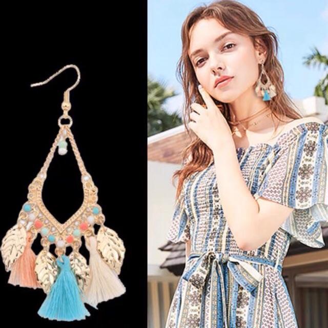 Bông tai lông vũ - Khuyên tai bohemian - Hoa tai tua rua - Khuyên tai du mục - Hoa tai boho - vintage