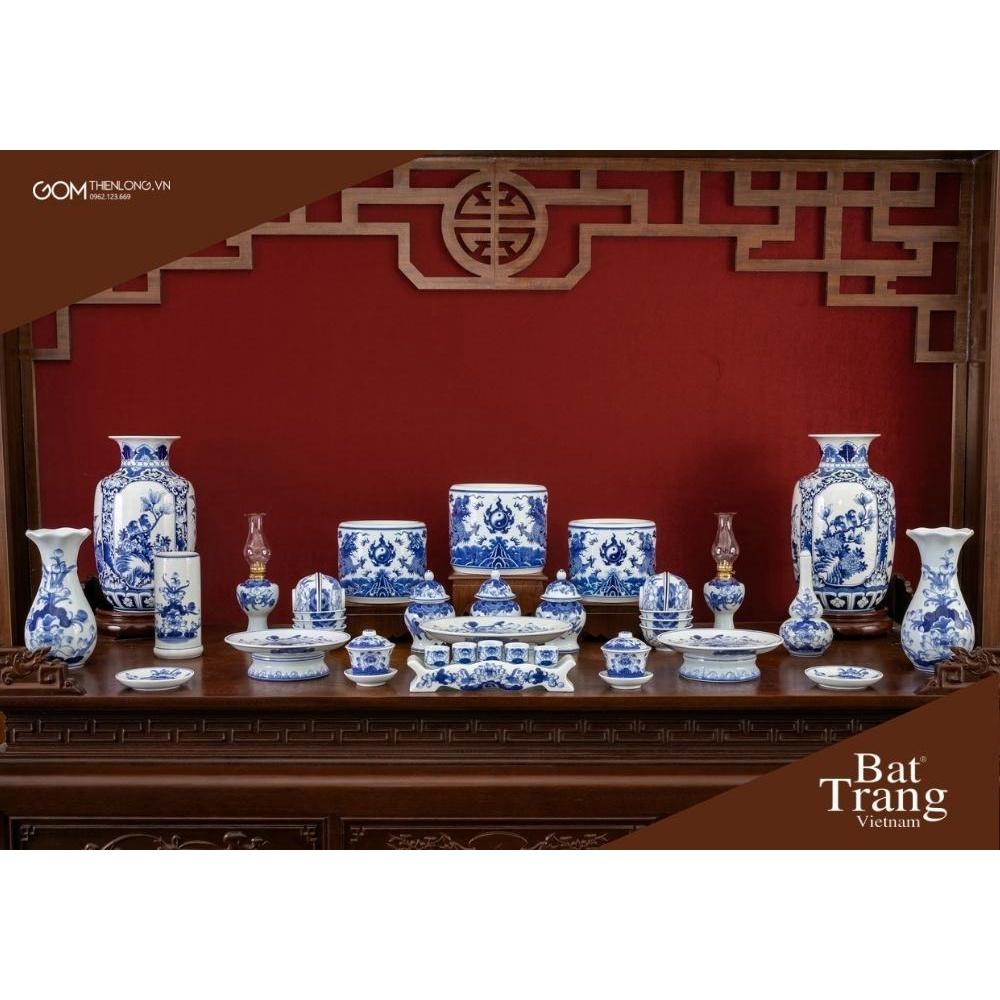Bộ Đồ Thờ Gia Tiên Xanh Lam Ngọc Cao Cấp - Đồ Thờ Cúng Bát Tràng - Gốm Thiên Long