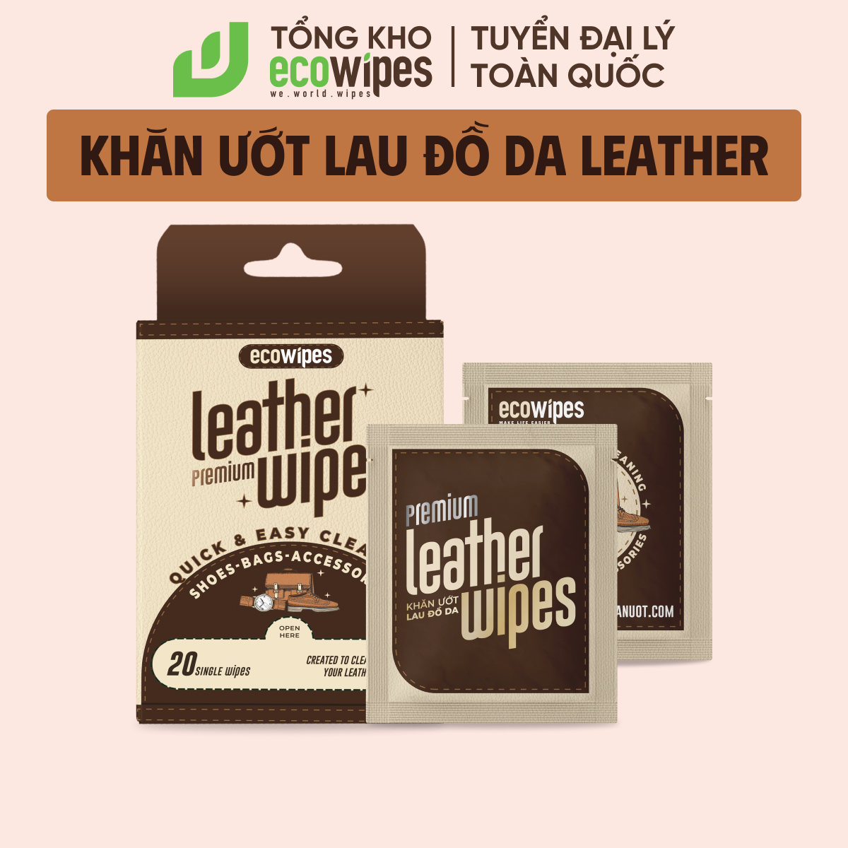 Hộp 20 gói khăn giấy ướt vệ sinh dưỡng bóng giày da, đồ da Leather Wipes Travel Size Premium gói 1 tờ làm sáng giày ngay lập tức