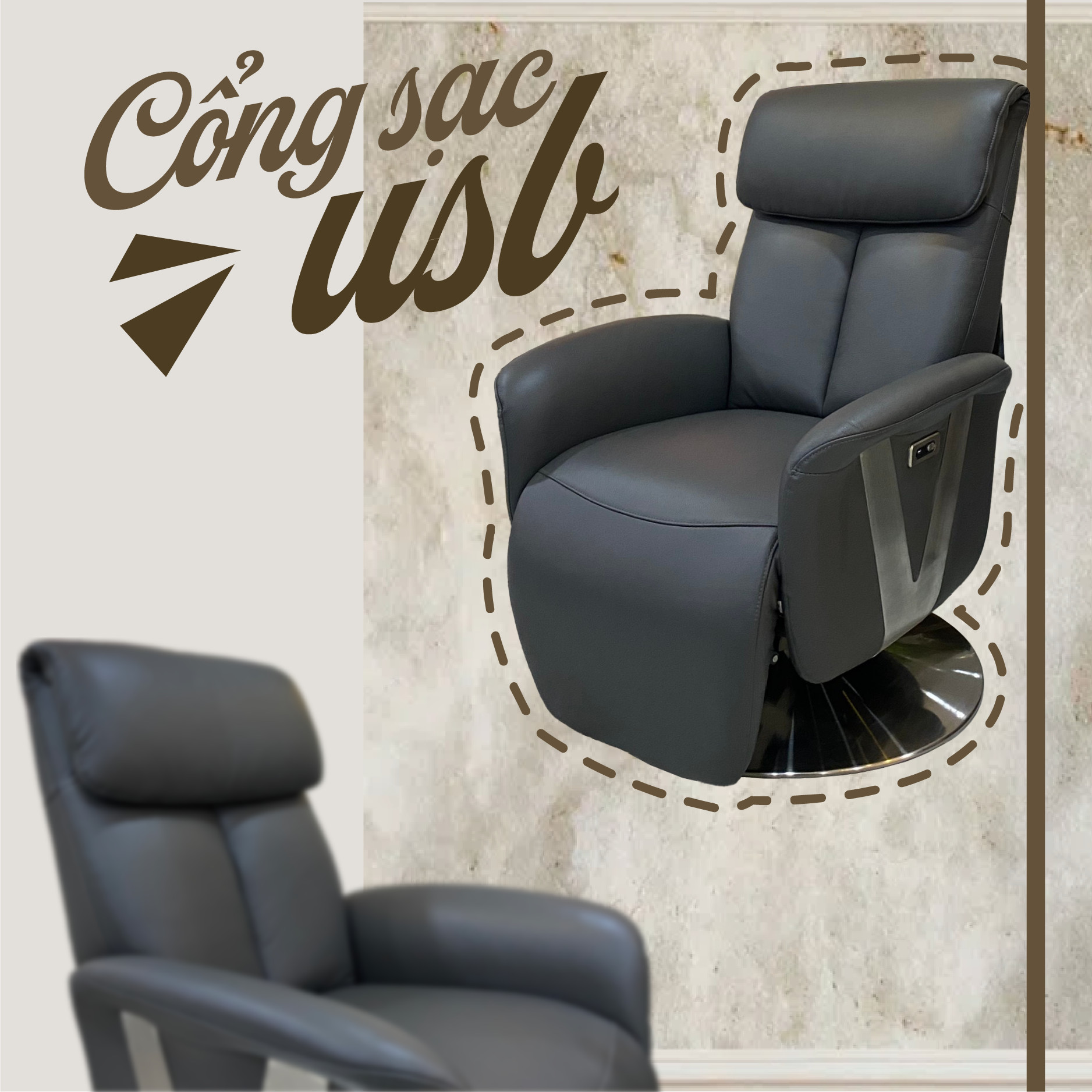 Ghế Sofa Đơn Da Bò Thư Giãn Chỉnh Điện 26194-09 Dark Grey