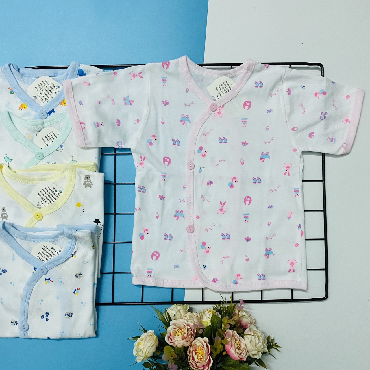 Set 5 áo sơ sinh cotton Tay Ngắn cài Xéo Họa Tiết JOU-Tomtom Baby cho bé trai, bé gái