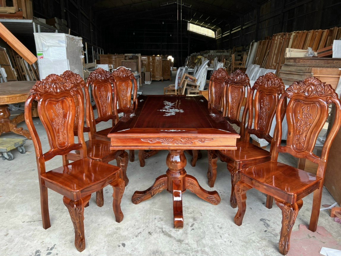 Bộ bàn ăn 8 ghế cẩn hoa mặt vuông hàng xuất khẩu cao cấp