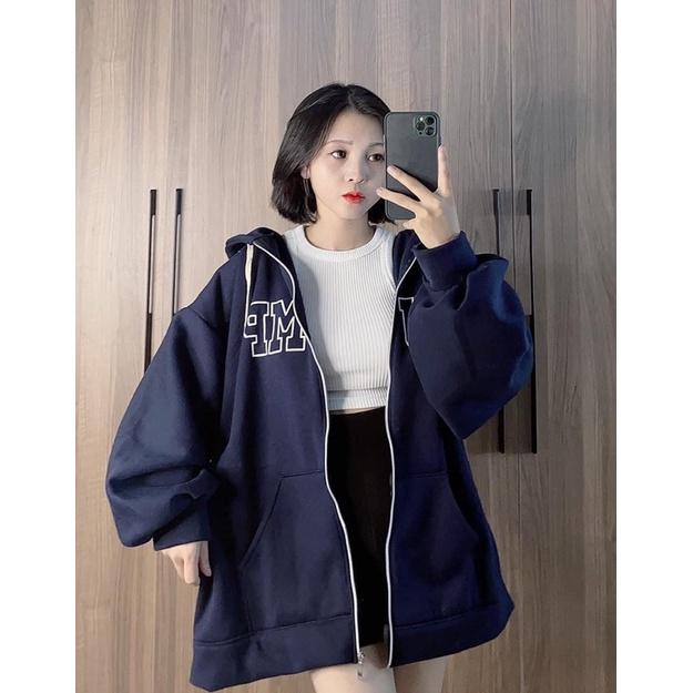 Áo khoác Nỉ Hoodie mũ 2 lớp from rộng tay bồng khóa kéo xanh than, Áo hoodie zip unisex in chữ JUMP .